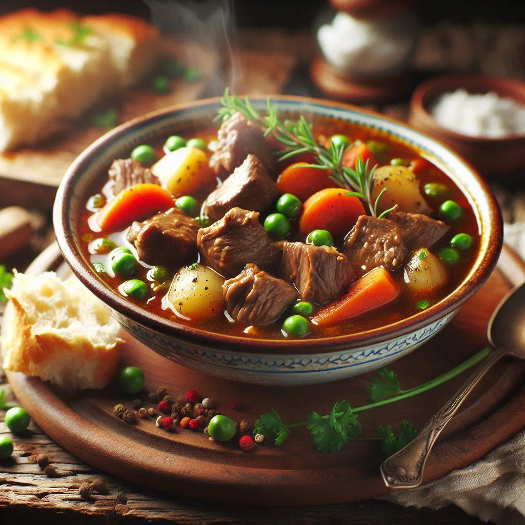 Bowl of hearty mutton stew with lamb, carrots and potatoes