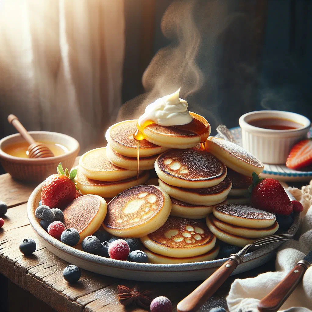 A stack of golden pikelets topped with jam and cream