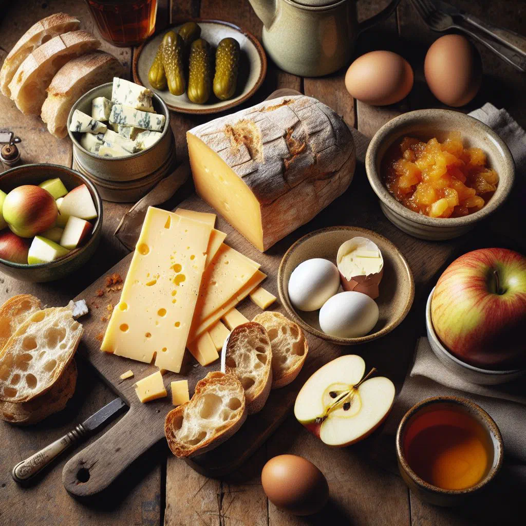 A ploughman's lunch with wedges of cheddar, crusty bread, apple slices and pickle