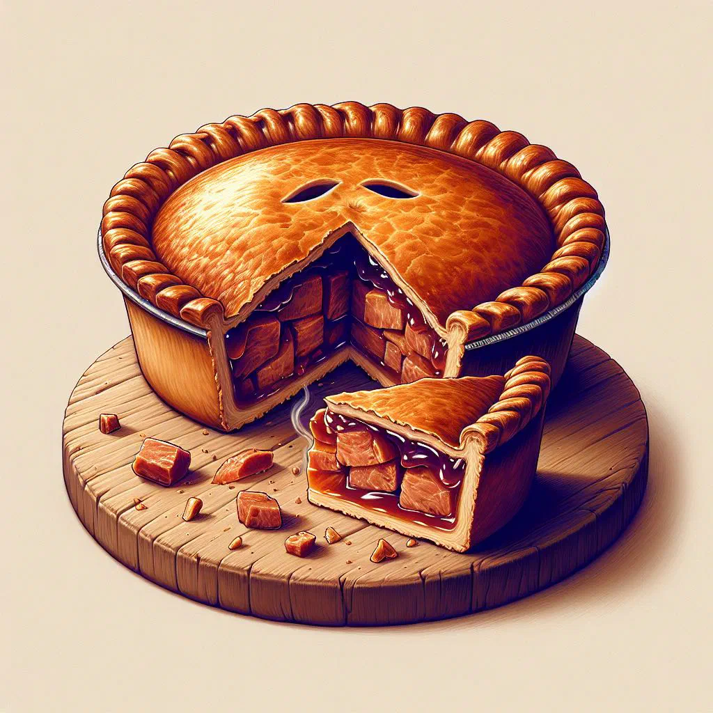 A golden hand-raised pork pie with a slice cut to reveal the seasoned pork filling