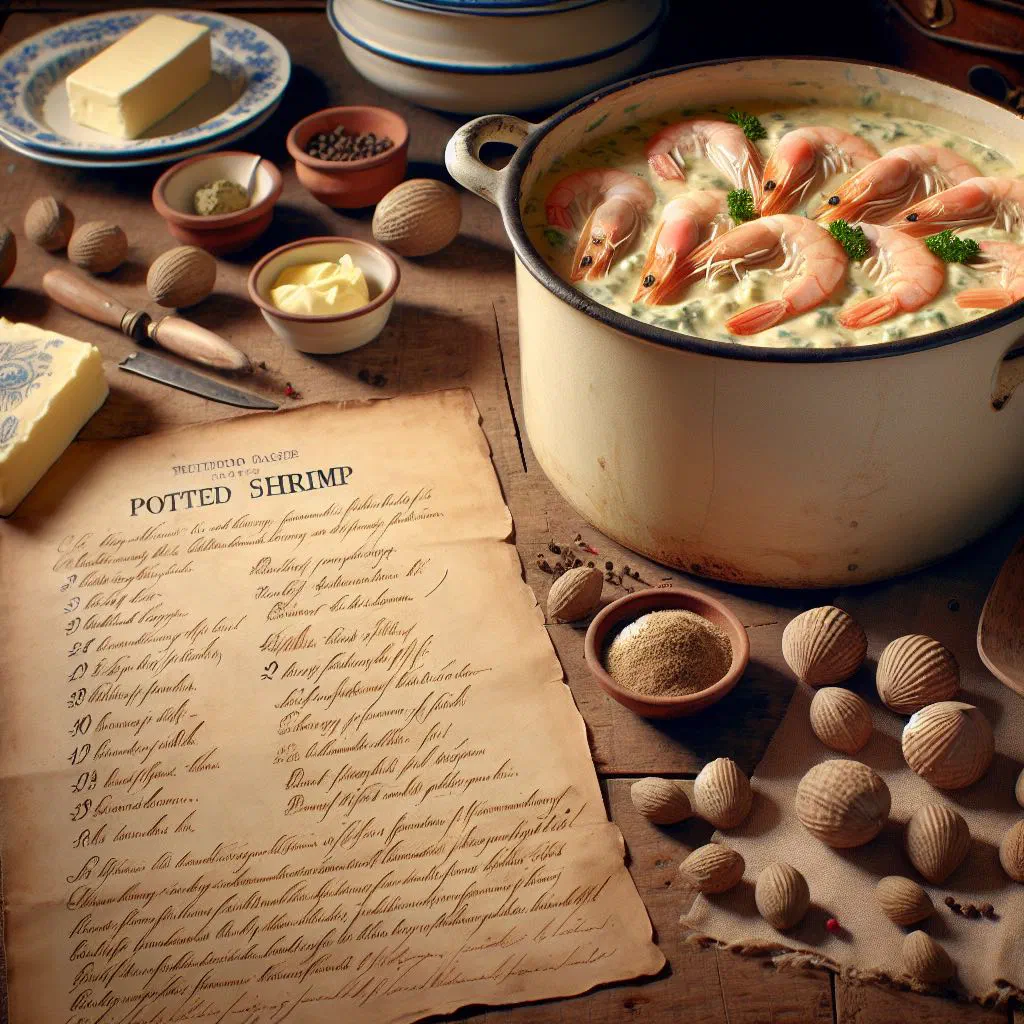 Potted shrimp set in spiced butter, served in a small pot with bread