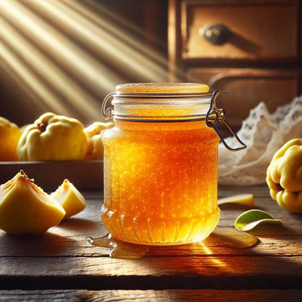 Amber quince jelly in a glass jar served beside cheese and bread