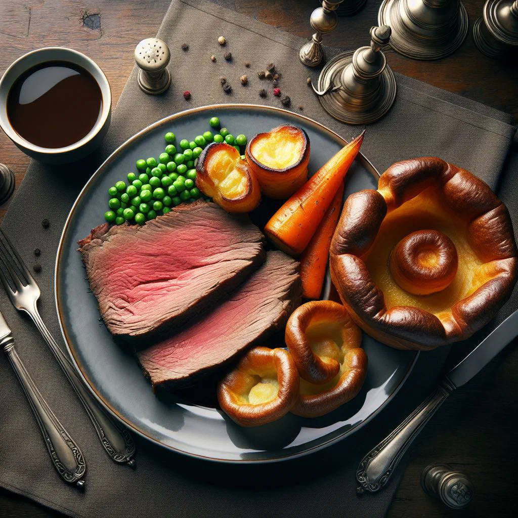 Roast beef sliced beside golden, risen Yorkshire puddings and vegetables