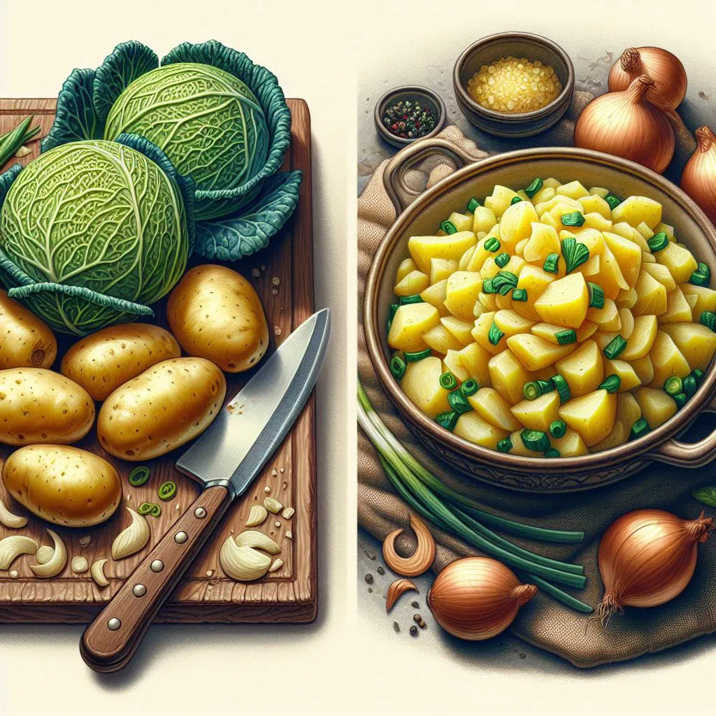 Golden-baked rumbledethumps with potato, cabbage and onion in a rustic dish