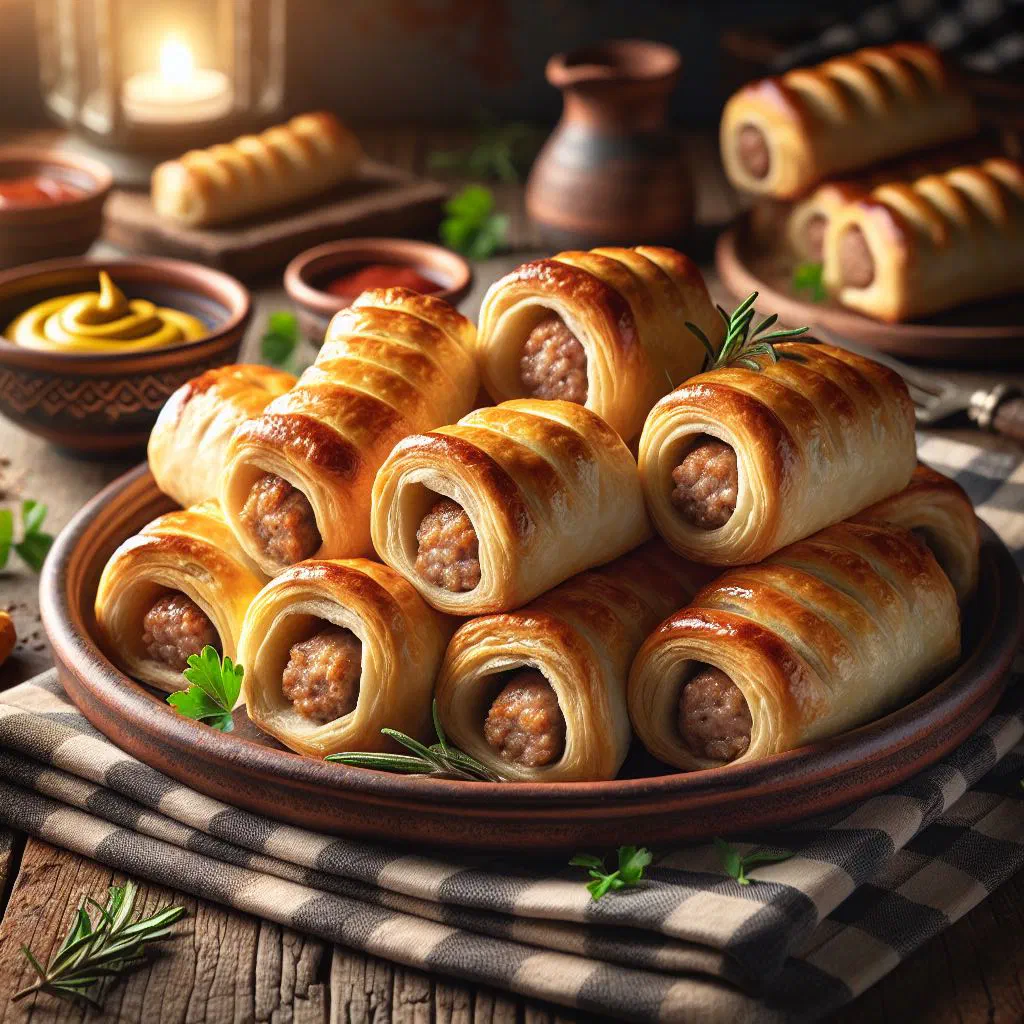 Golden, flaky sausage rolls fresh from the oven on a wooden board