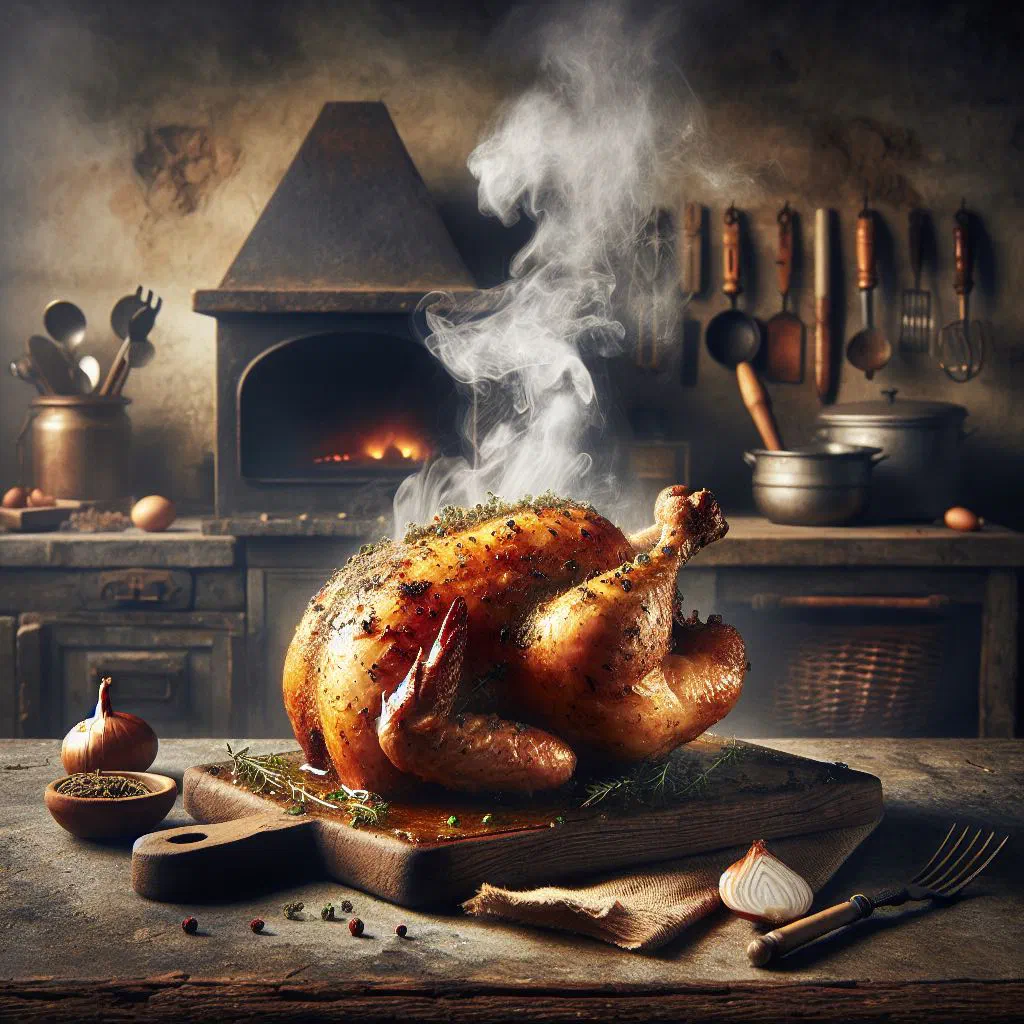 Golden chicken braised with apples and cider in a rustic pan