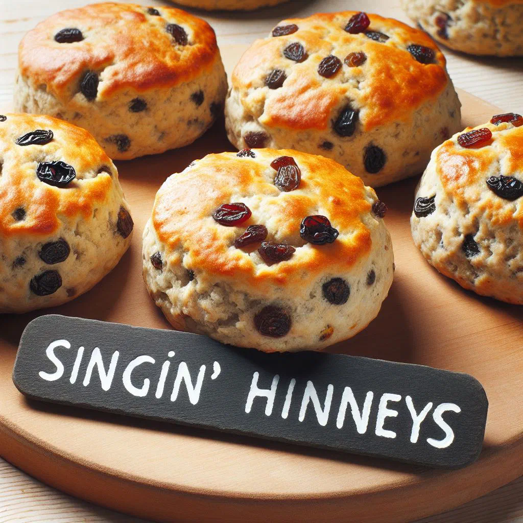 Golden griddle-baked singin' hinnies studded with raisins, served for tea