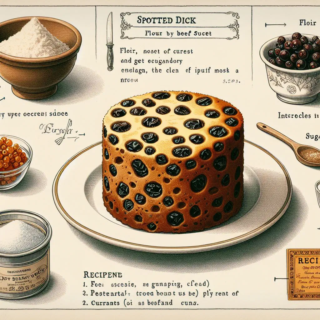 Slice of steamed spotted dick pudding studded with raisins and served with custard