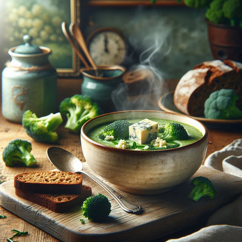 Creamy stilton and broccoli soup garnished with fresh herbs