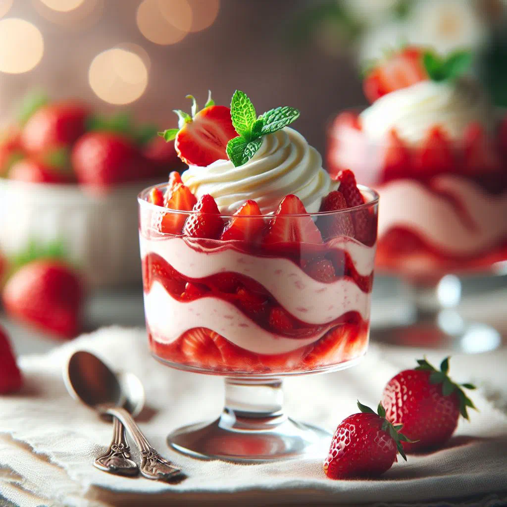 Strawberry fool in a glass topped with fresh strawberries and mint