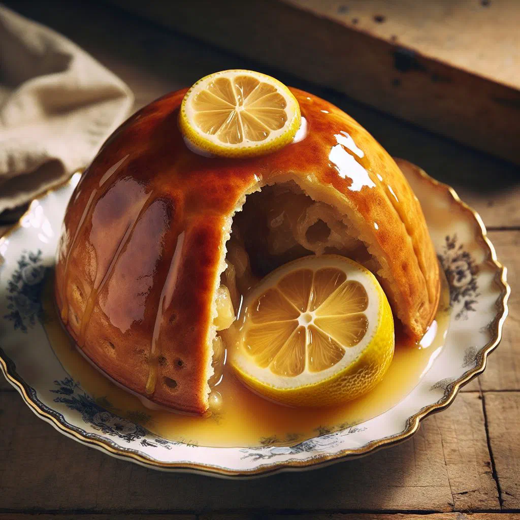 Steamed Sussex pond pudding cut open with a buttery lemon sauce pooling around it