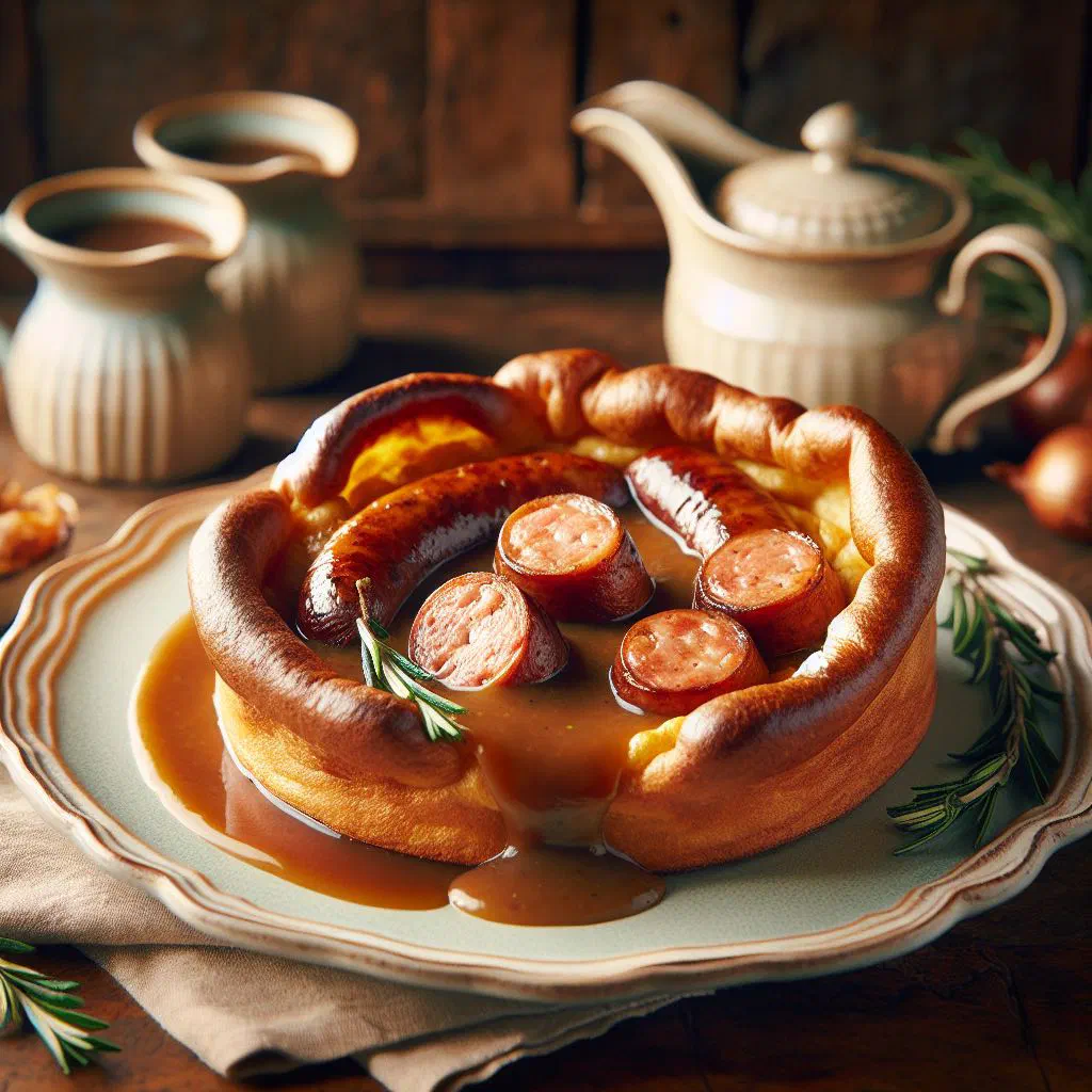 Toad in the hole with golden sausages baked in risen Yorkshire pudding batter