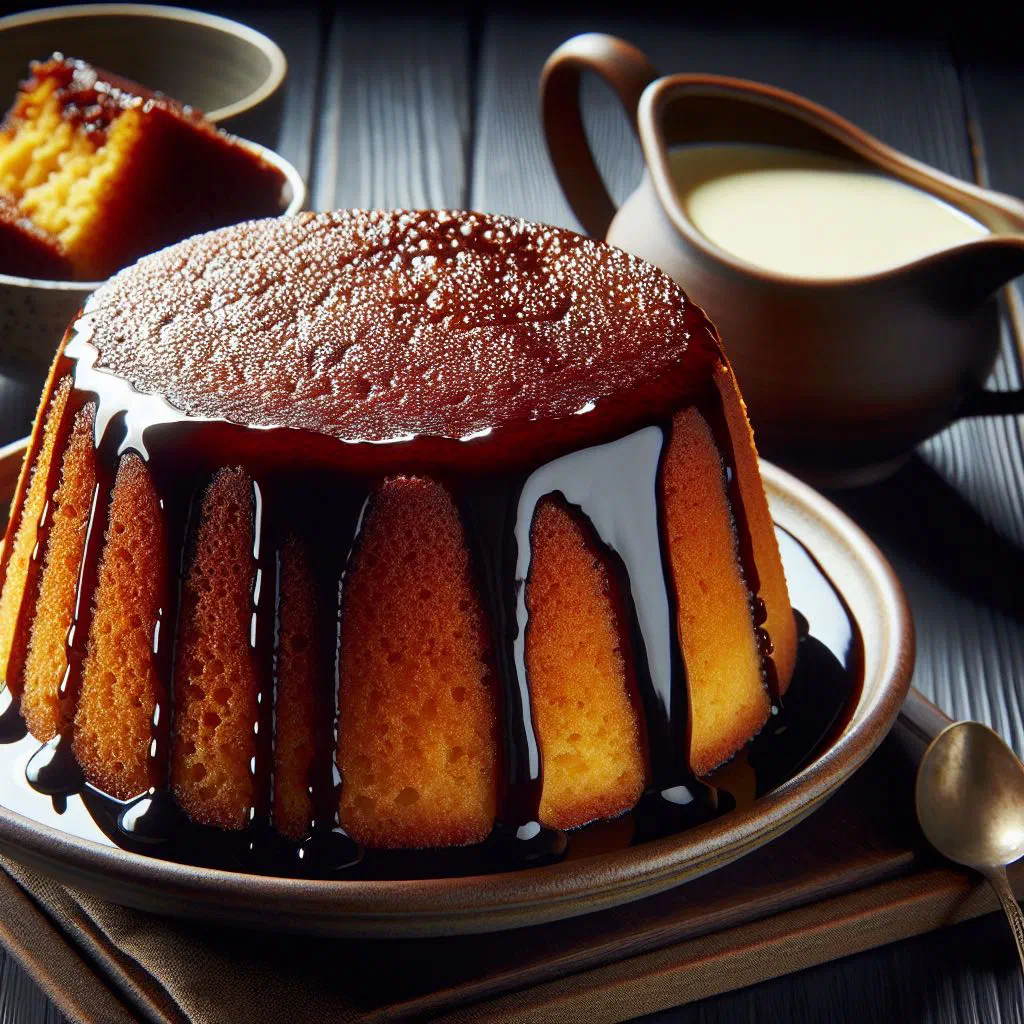 Steamed treacle sponge pudding topped with golden syrup and a jug of custard