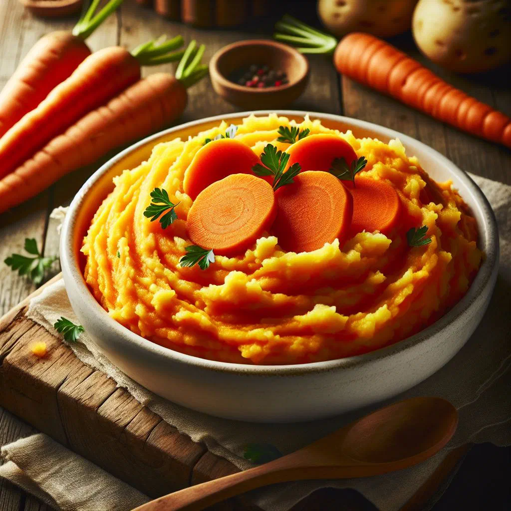 Creamy turnip and carrot mash in a bowl, garnished with fresh parsley