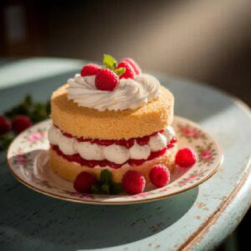 Victoria sponge cake filled with jam and cream, dusted with icing sugar