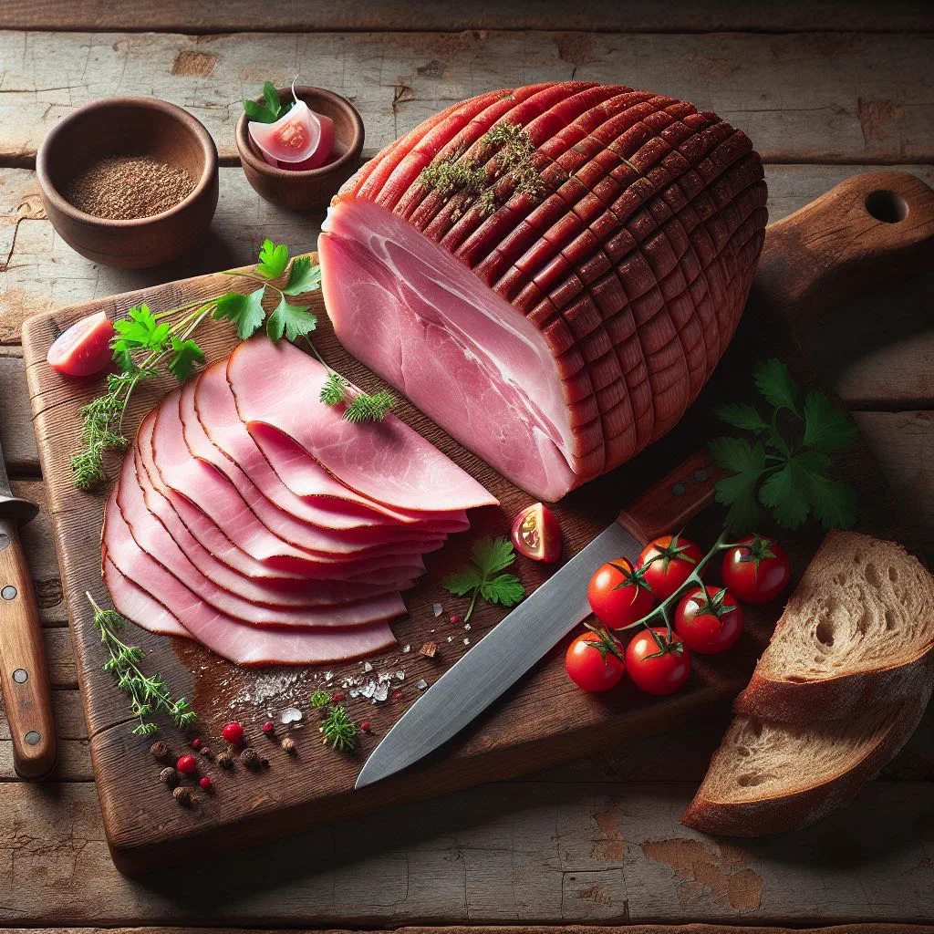 Sliced Wiltshire ham served with farmhouse bread, salad and tomato