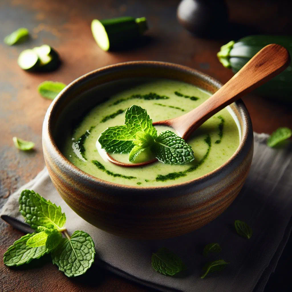 A bowl of creamy green zucchini and mint soup garnished with fresh mint leaves