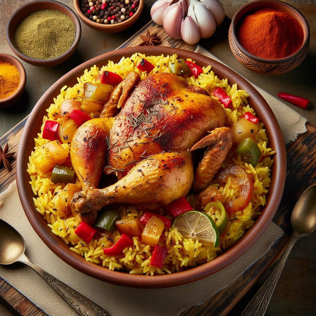 Arroz con Pollo with tender chicken, seasoned rice and fresh parsley