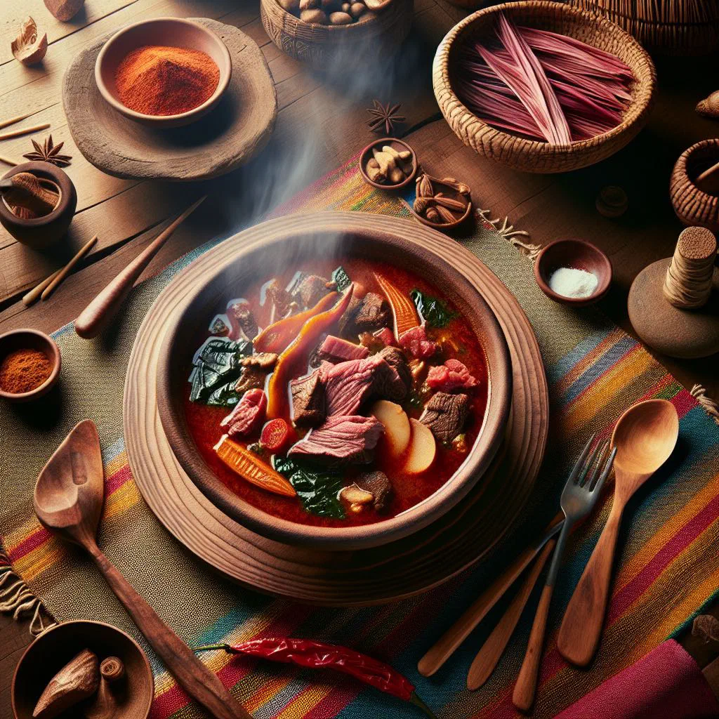 A rich bowl of banga stew simmered with palm oil, ground peanuts and fresh vegetables