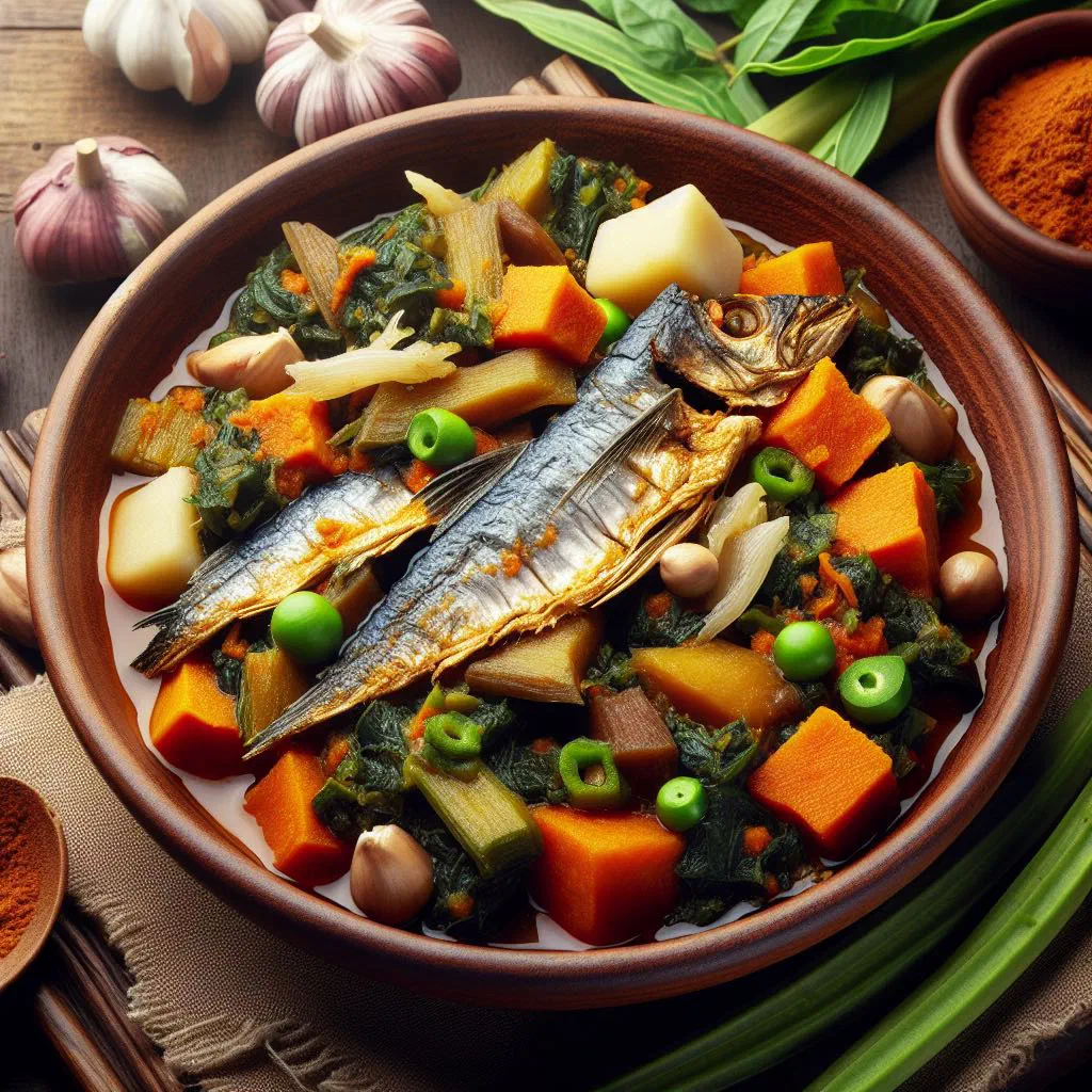 A bowl of Calulu with fish, meat and vegetables in a rich tomato sauce
