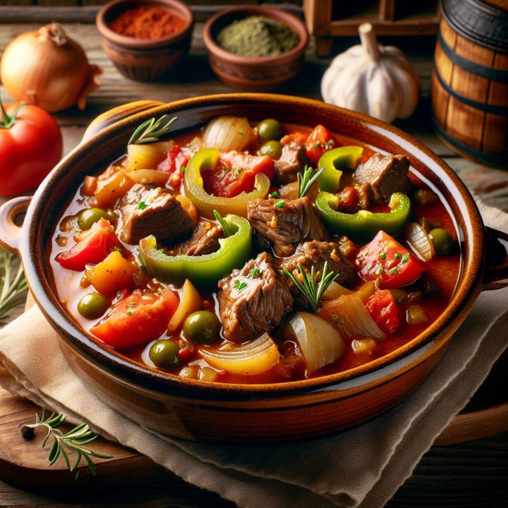 Bowl of Estofado de Carne beef stew with carrots and potatoes