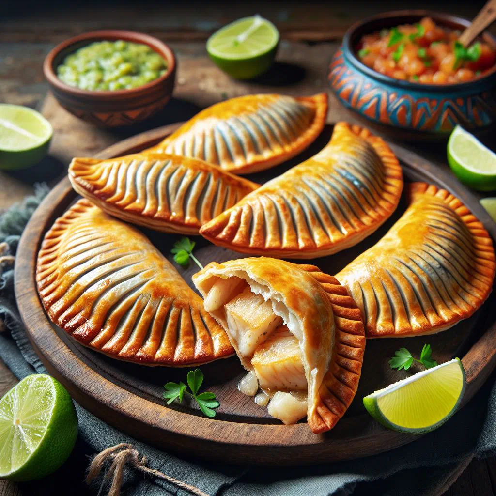 Golden fried fish empanadas on a plate with lemon wedges
