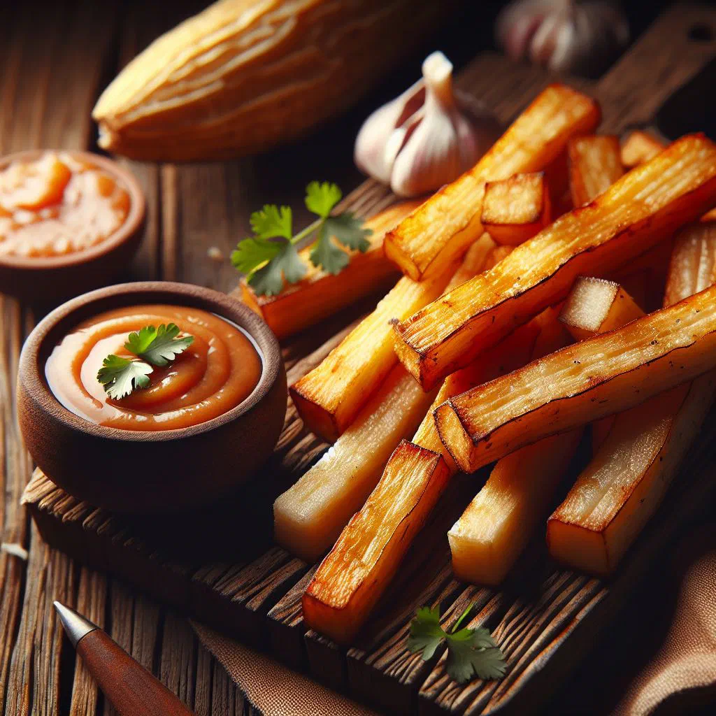 Golden, crispy fried yuca sticks served with a dipping sauce
