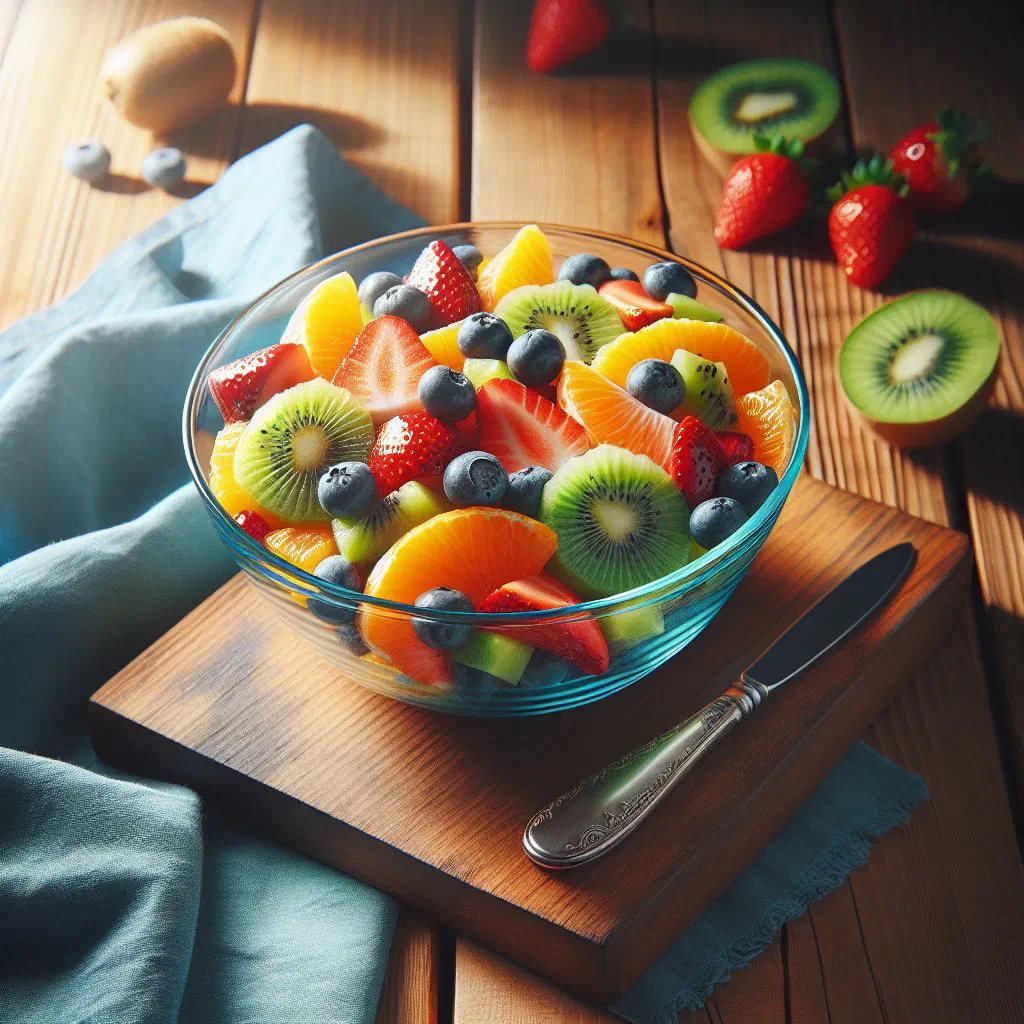 Colourful tropical fruit salad garnished with fresh mint leaves