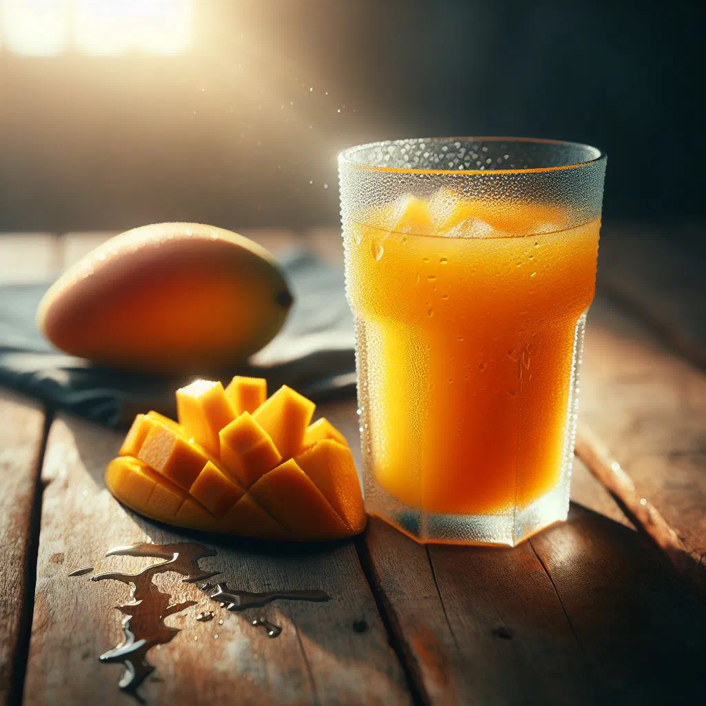 A tall glass of fresh mango juice garnished with lime slices