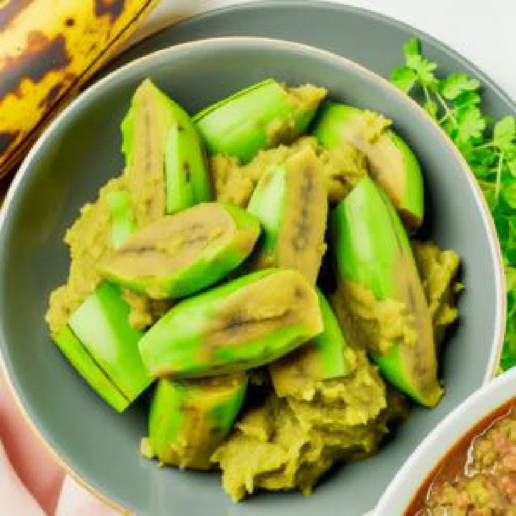 A bowl of matoke made from stewed green plantains with fresh herbs