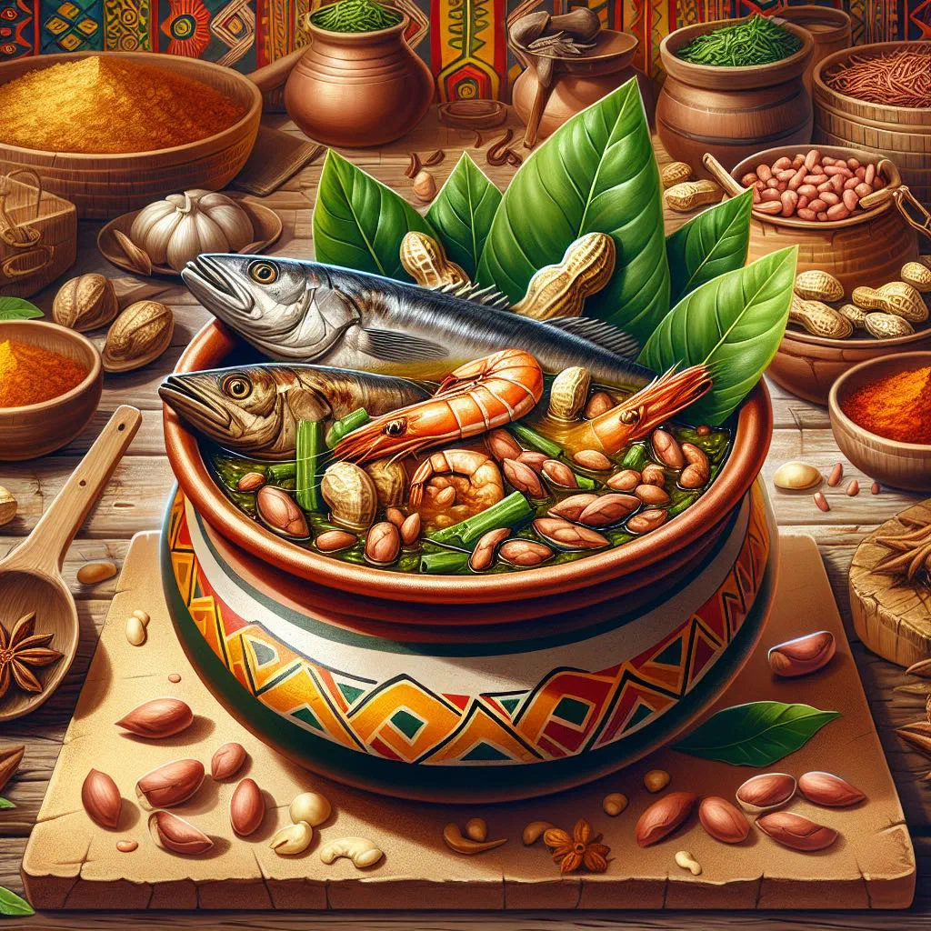 Bowl of ndolé with peanut sauce, bitterleaf greens and fish