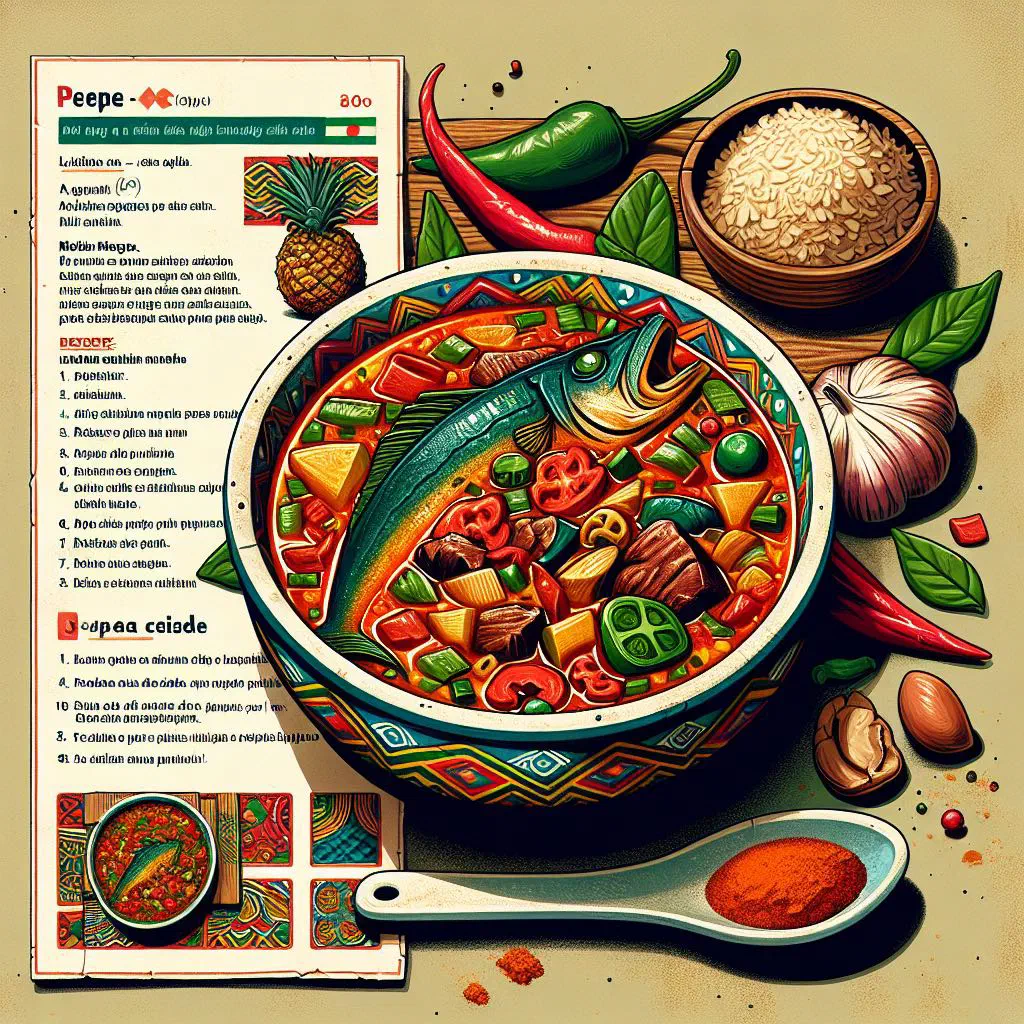 A bowl of spicy Equatorial Guinean pepe soup with fish and fresh herbs