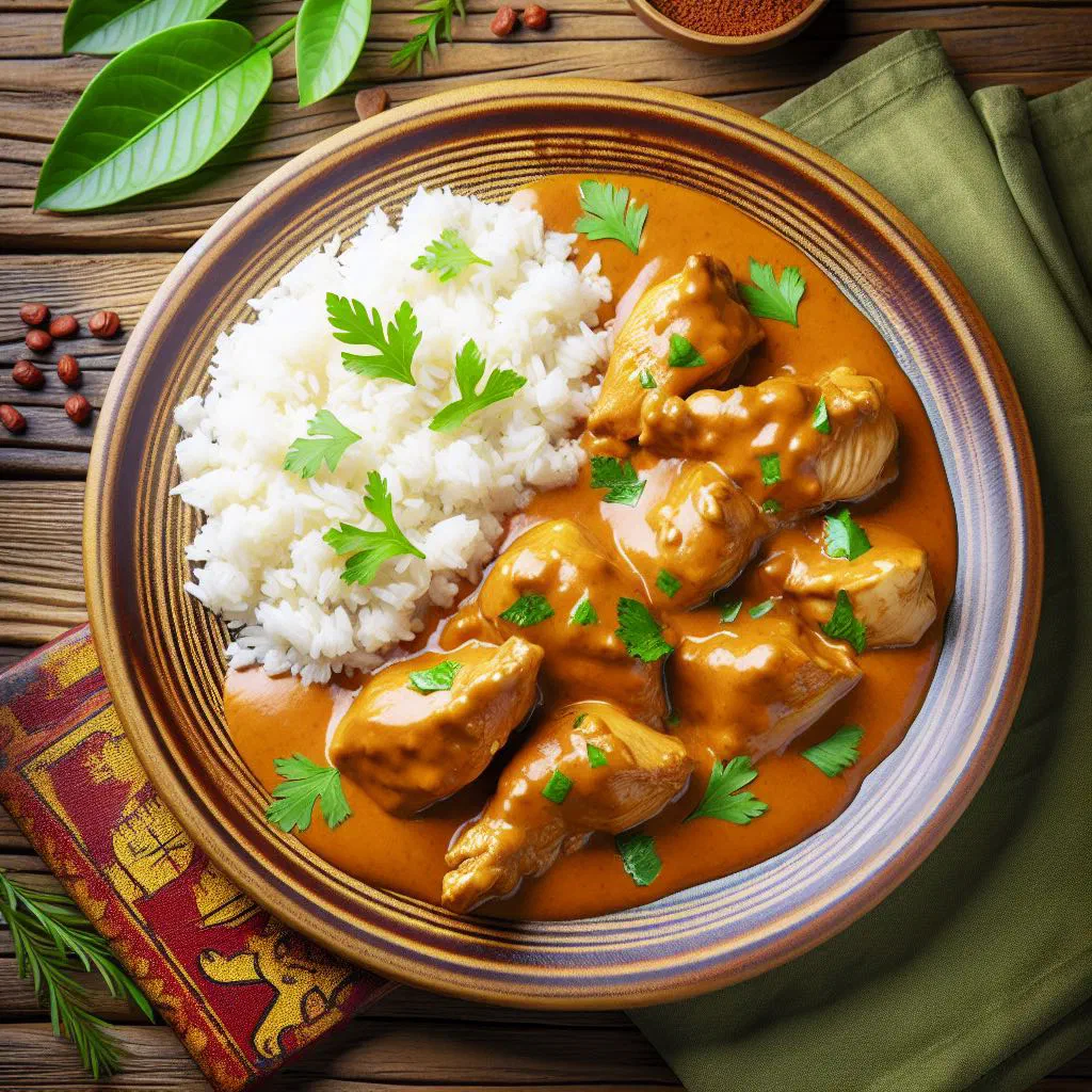 Chicken pieces simmered in a creamy peanut sauce, garnished with fresh coriander