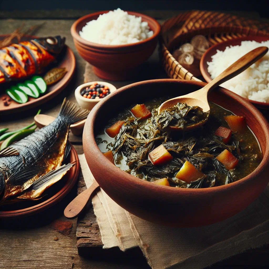 A bowl of saka-saka made from cassava leaves and peanuts
