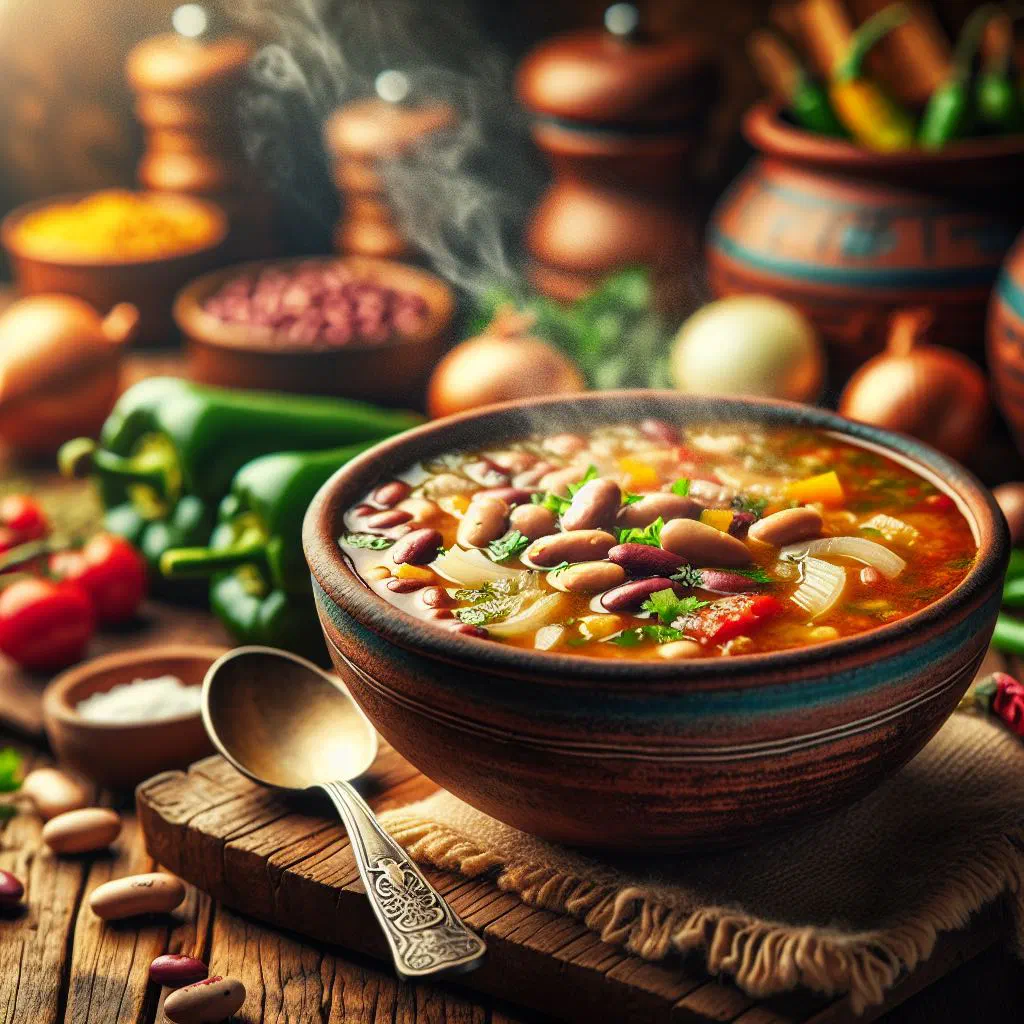 A hearty bowl of Sopa de Frijoles black bean soup garnished with fresh herbs