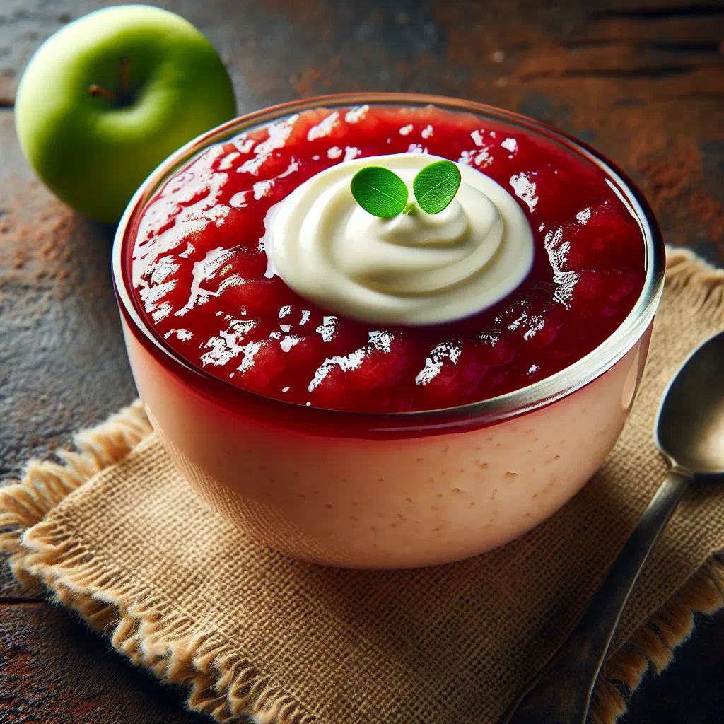 Glass bowl of Estonian apple kissel garnished with fresh mint
