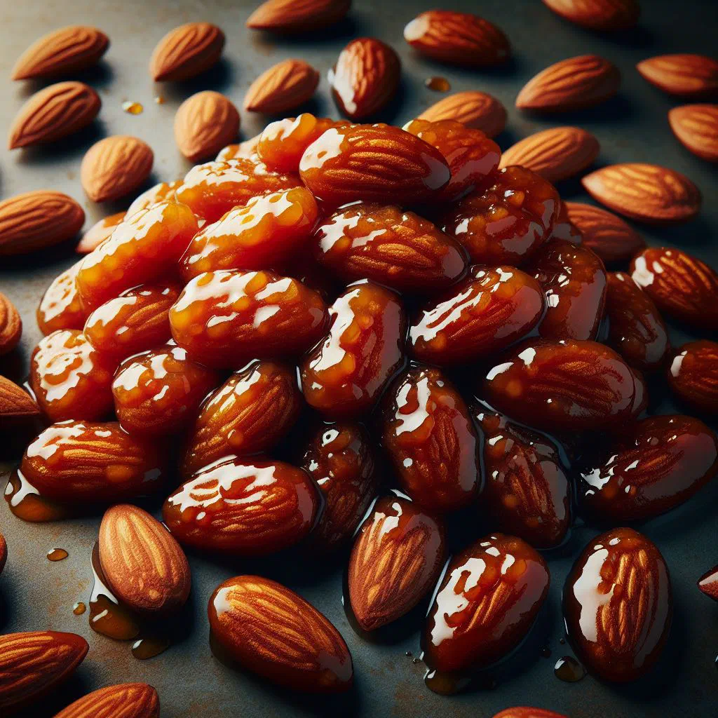 Glossy caramelised almonds cooling on baking paper