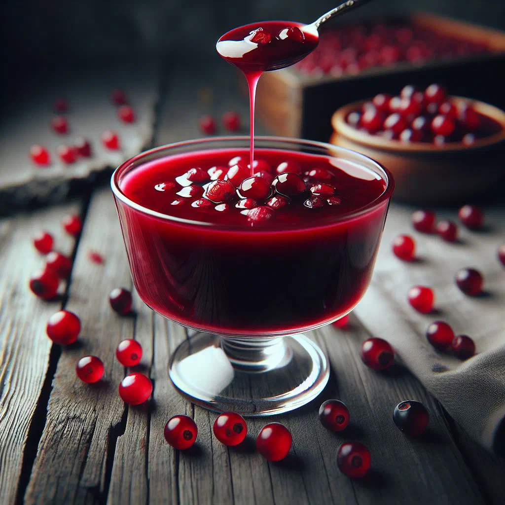Glass of ruby-red cranberry kissel topped with fresh berries