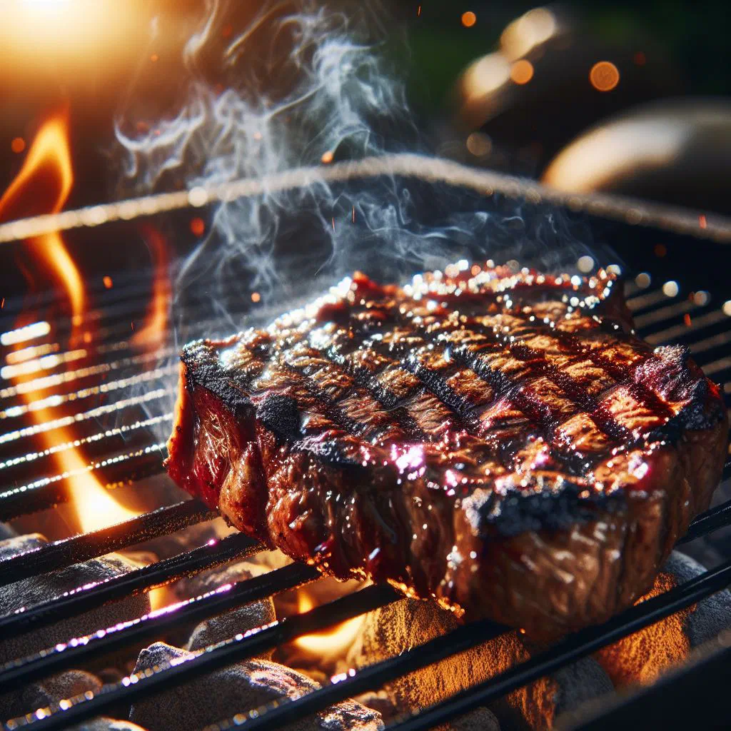 Grilled marinated meat with charred vegetables and fresh herbs on a wooden board