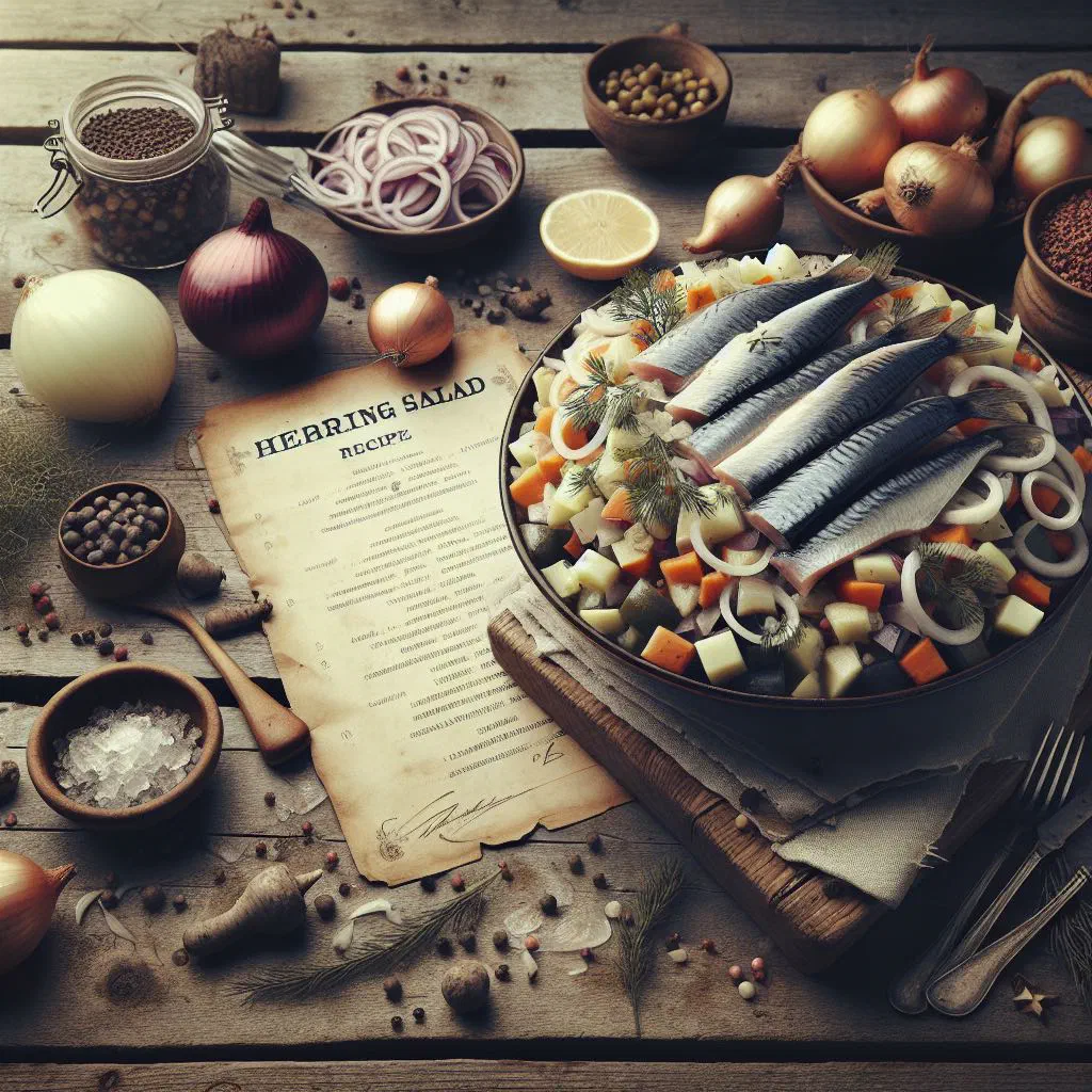 Estonian herring salad with potatoes, carrots and creamy dressing in a bowl