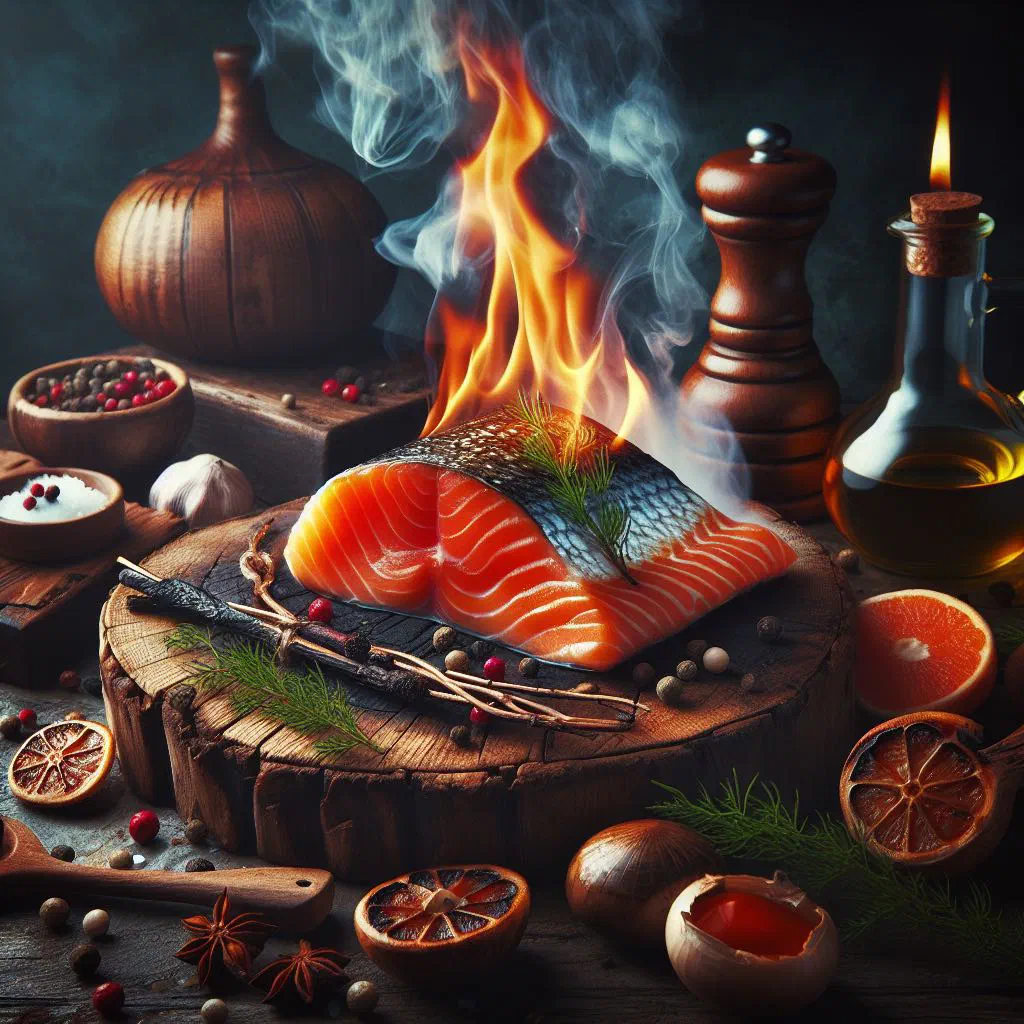 Hot-smoked salmon fillet with dill and lemon on a wooden board