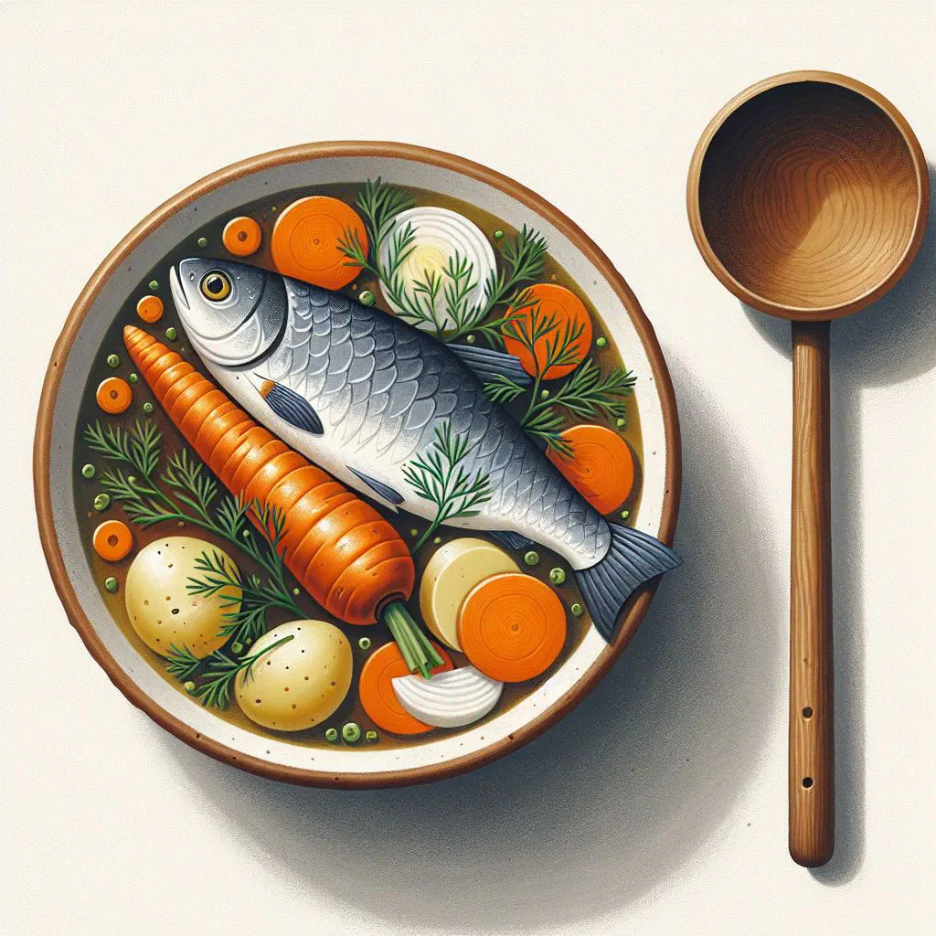 Bowl of Estonian kalasupp fish soup with potatoes, carrots and fresh dill