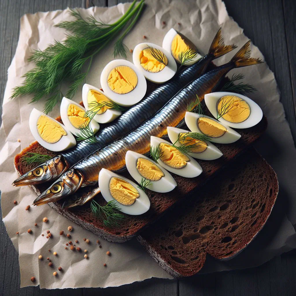 Estonian rye bread topped with marinated sprats, egg and dill