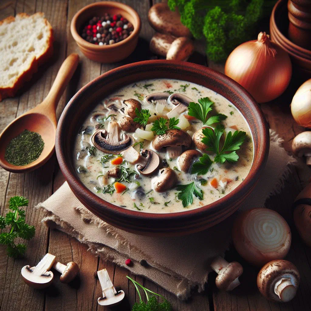 Creamy Estonian mushroom soup in a deep bowl with fresh dill