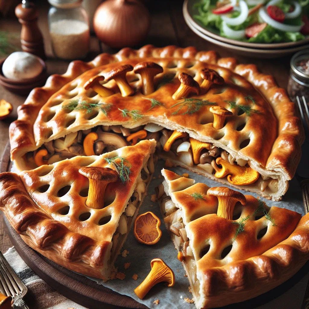 Golden baked Estonian mushroom pastries on a wooden board
