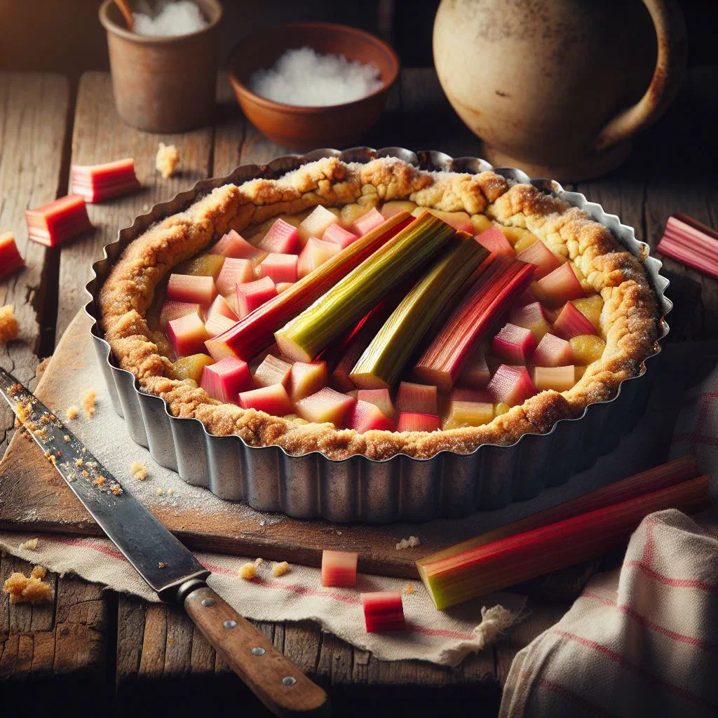 Estonian rhubarb cake dusted with icing sugar, cut into slices