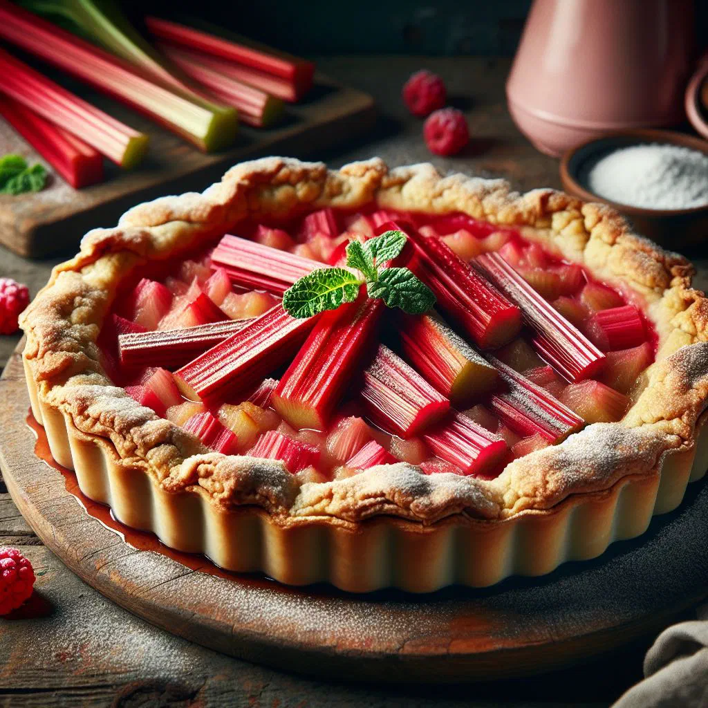 Estonian rhubarb tart dusted with icing sugar on a cake stand