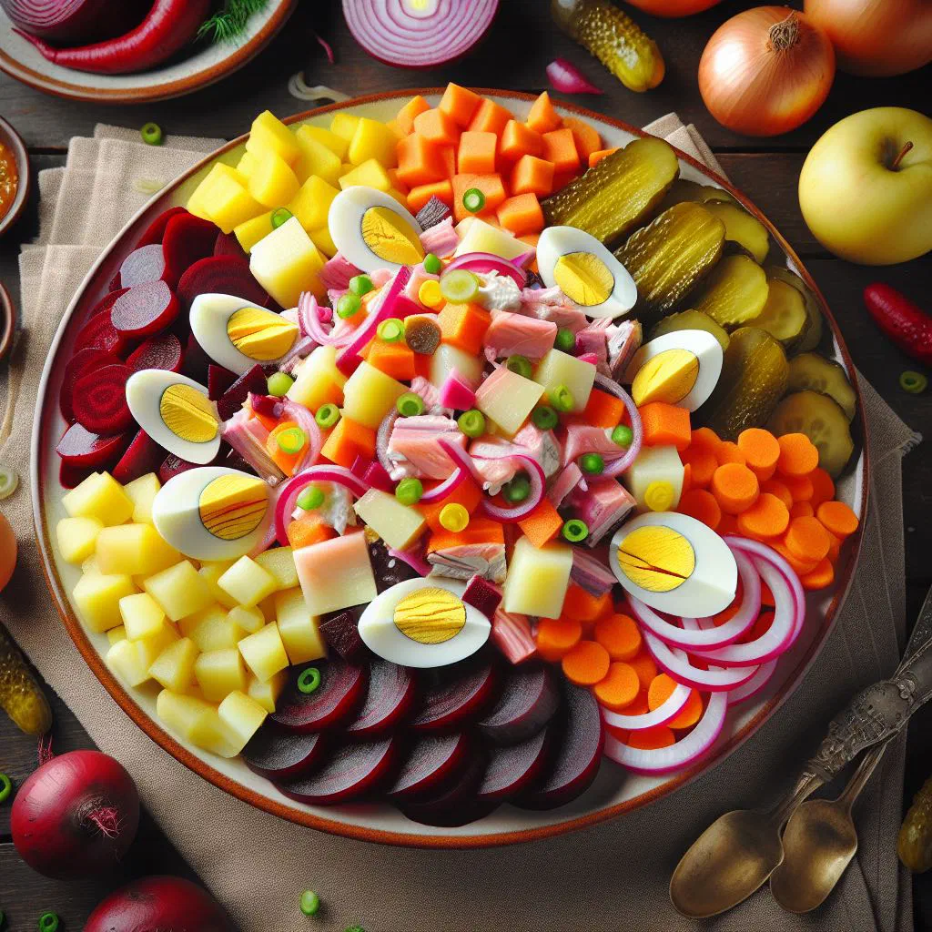 Bowl of Estonian rosolje beetroot and potato salad garnished with fresh dill