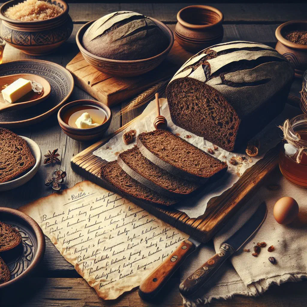 Rustic loaf of Estonian rye bread sliced on a wooden board