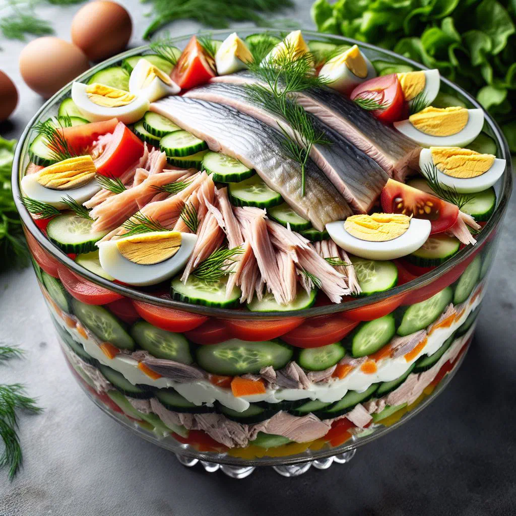 Estonian smoked fish salad with potatoes, onion and fresh dill